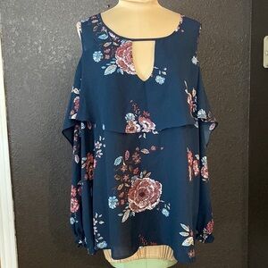 Love on a hanger blue floral cold shoulder ruffle long‎ sleeve blouse top